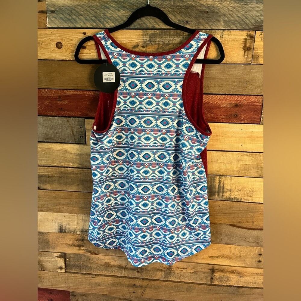 Sunshine‎ & Rodeos Burgundy Aztec Print Top Size Large - Picture 2 of 11
